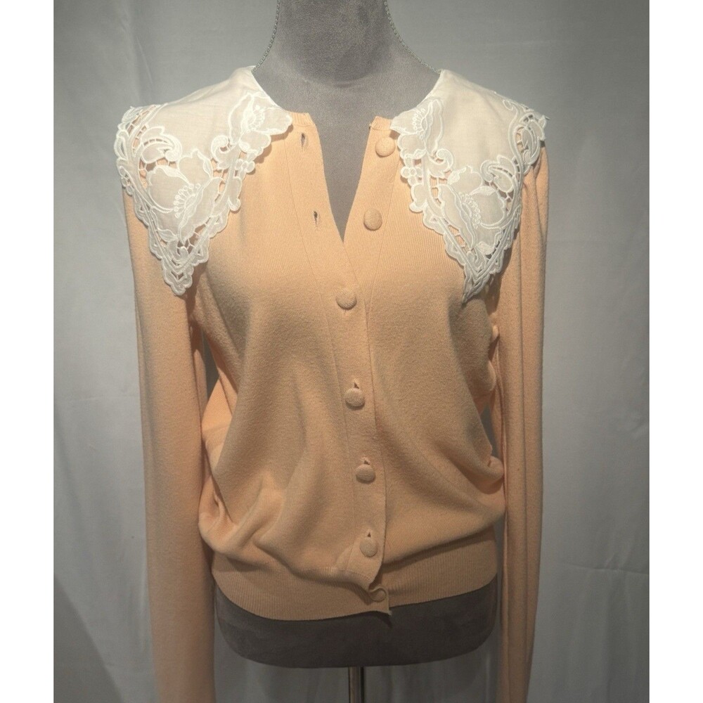 Womens Eyelet Lace Collared Peach Viscose Blend Cardigan L Prairie coquette